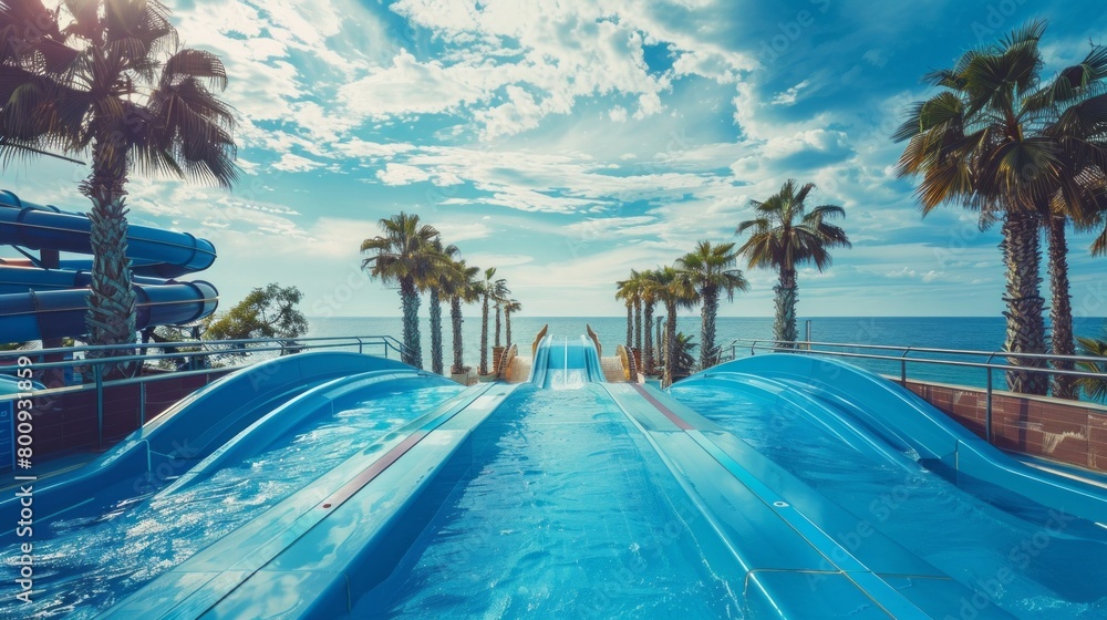 Poster a blue water slide with palm trees in the background
