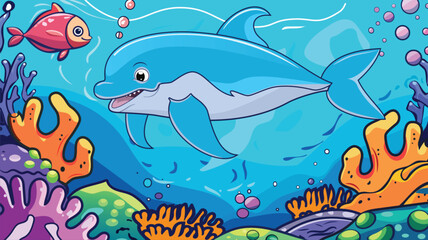 Cartoon blue dolphin on colorful background. Underwater life of the ocean. Colored Illustration. Vector