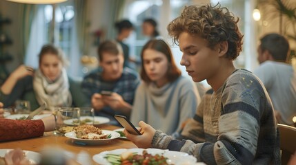 Teenager Disengaged During Family Gathering Seeking Digital Distraction