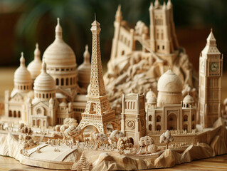 Intricately detailed clay sculptures depicting famous landmarks and monuments from around the world. Ai generated