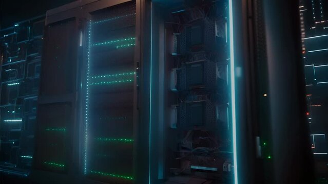 A dark and mysterious server room with a glowing blue light.
