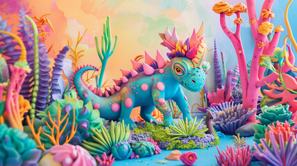 Whimsical characters sculpted from colorful modeling clay, posed in a vibrant fantasy world. Ai generated