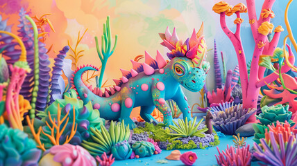 Fototapeta premium Whimsical characters sculpted from colorful modeling clay, posed in a vibrant fantasy world. Ai generated