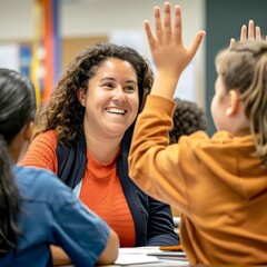 Obraz premium Enthusiastic Teacher Congratulates Student on Academic Success in Classroom Setting
