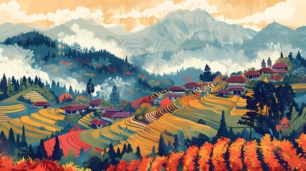 Colorful mountains flower illustration poster background