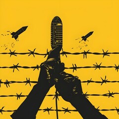 World press freedom day concept's freedom of speech, resist barbed wire and prohibitions. yellow background and Aeroplan. World Press Freedom Day Concept: Freedom of Speech