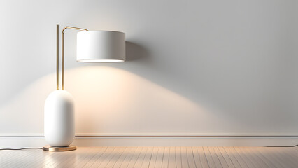 A white lamp is lit up in a room with a white wall