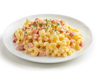 Macaroni salad with ham and herbs on white plate