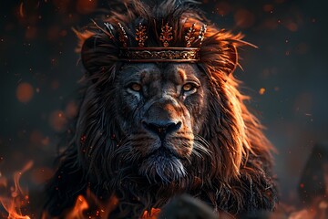 Naklejka premium a majestic portrait of a lion with a regal crown atop its head, intense gaze