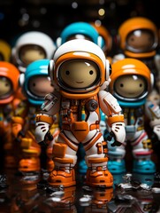 Astronaut in orange spacesuit with white helmet and blue visor standing in front of a group of other astronauts in similar spacesuits