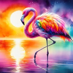 Naklejka premium a rainbow flamingo watercolor artwork