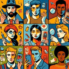 A collage of a man and a woman holding cell phones, a pop art painting, figurativism, digital...