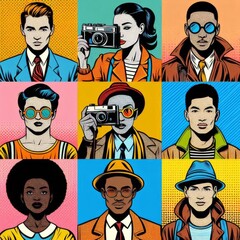 A group of people with a camera in a pop art style, figurativism, pop art, fauvism, vector art