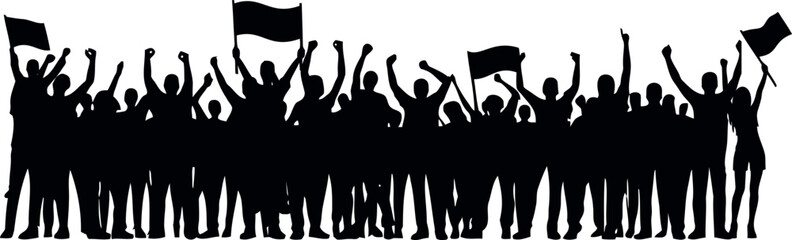 Silhouette of crowd, energetic unity celebration, waving flags. people silhouette, people gathering, expressing protest or cheer vector