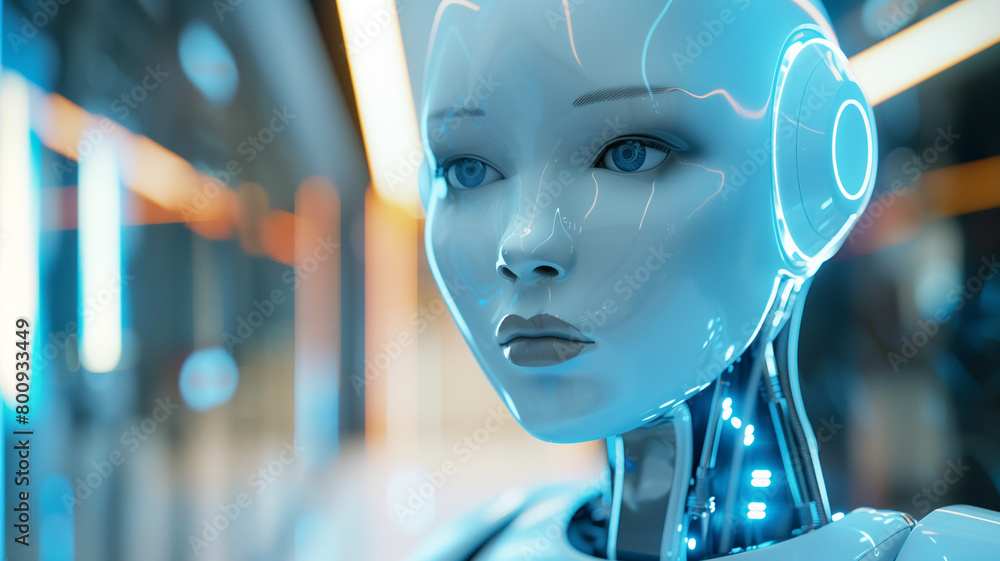 Poster a robot with a blue face stands in a room. the robot is made of metal and has a blue head. the impli