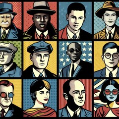A group of people with hats and glasses, a pop art, international typographic style, fauvism, 2d...
