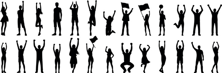 Silhouette of diverse crowd celebrating with flags, depicting joy and festivity. People in various poses, dancing and cheering against a white background
