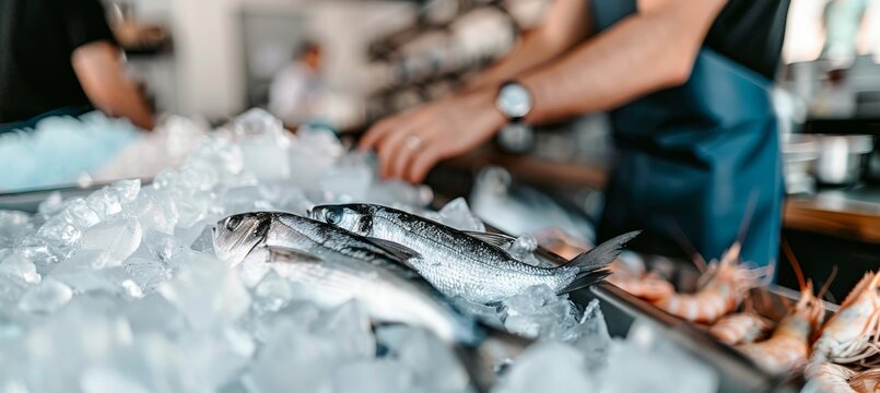 Vibrant fish and seafood market showcasing fresh catches on ice beds, accentuating intricate details