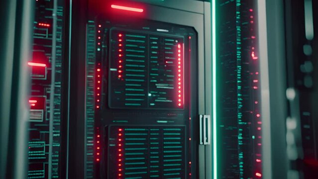 A glowing green and red server rack in a data center with a binary code pattern in the background.