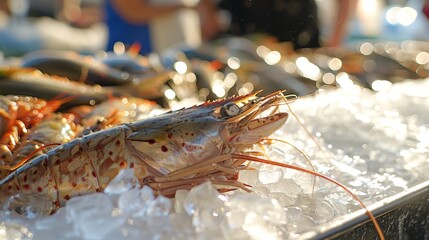 Vibrant fish and seafood market showcasing detailed close ups of fresh catches on ice beds