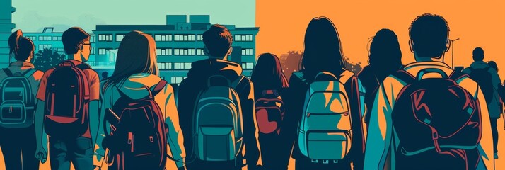 Diverse students in vibrant back to school poster with books and backpacks by school building