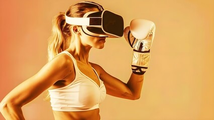 Blonde woman in white sports outfit using VR headset for boxing lesson . Concept VR Workout, Fitness Technology, Active Lifestyle, Virtual Reality Training, Sports Fashion - obrazy, fototapety, plakaty