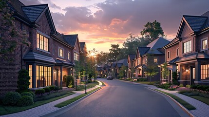 Obraz premium a modern suburban street lined with elegant two-story houses featuring clean architectural lines and contrasting trim.