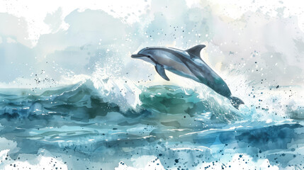 Obraz premium Watercolor painting depicting dolphins jumping out of the ocean waves