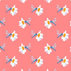 Seamless pattern dragonfly flower Spring summer Pink background wild flowers poster banner postcard cover Fabric clothes wrapping wallpaper template Textile Vector