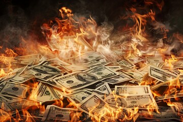 a powerful and evocative image of a large pile of US dollar bills engulfed in intense flames