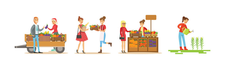 Farmer Produce Local Organic Food and Crop and Market Sell Vector Set