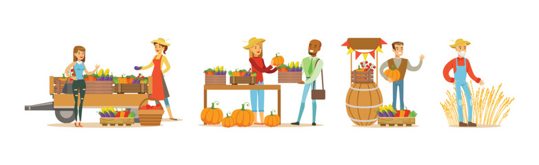 Farmer Produce Local Organic Food and Crop and Sell Market Vector Set