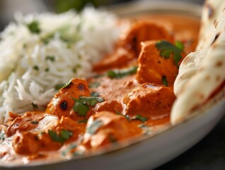 Chicken Tikka Masala Curry Naan Garlic Basmati Rice Close-Up Indian Food Dining Dinner Blurred Background Image