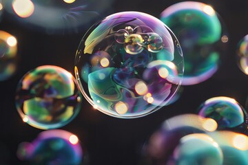 Close up of iridescent soap bubbles with rainbow reflections, floating on a digital breeze