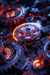 Macro shot of a futuristic digital clockwork mechanism, intricate gears glowing with neon light