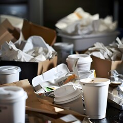 Cluttered and Chaotic Desk with Discarded Remnants of a Busy Workday