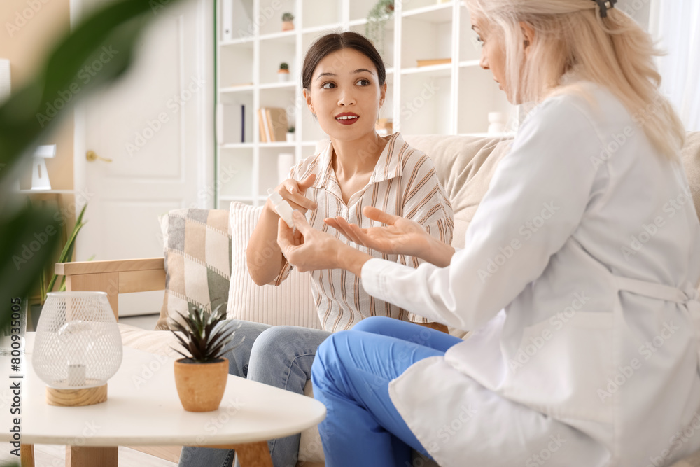 Poster female doctor taking eye drops to patient at home