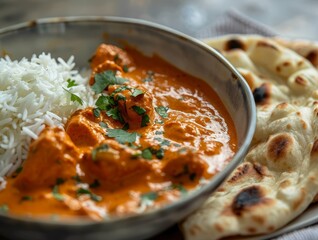 Chicken Tikka Masala Curry Naan Garlic Basmati Rice Close-Up Indian Food Dining Dinner Blurred Background Image