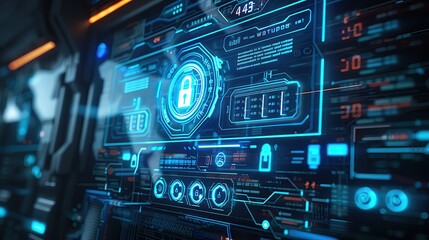 Fototapeta premium Neon blue digital lock interface on a futuristic security panel, abstract and high tech