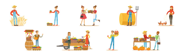 Farmer Produce Local Organic Food and Crop and Market Sell Vector Set