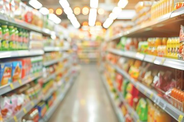 Fototapeta premium a blurred supermarket aisle, with a focus on creating a dreamy bokeh effect