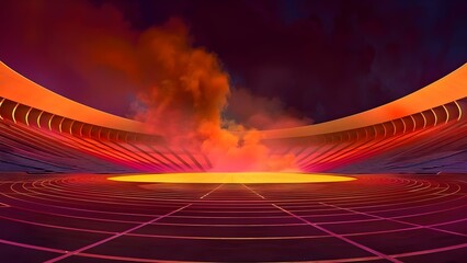 Deserted stadium with smoke in stands symbolizing aftermath of fire or disaster . Concept Abandoned Stadium, Smoke in Stands, Fire Aftermath, Disaster Scene