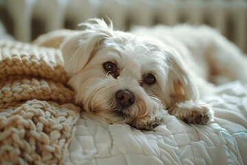 a fluffy white dog lying down peacefully, resting its head and paws on a soft blanket