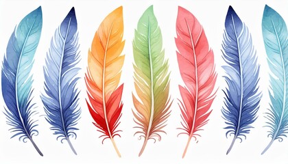 colourful rainbow watercolour feathers set isolated on transparent background - Design element PNG cutout collection