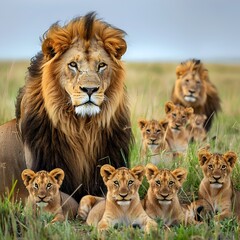 Majestic African Lion Pride in Vibrant Savanna Landscape
