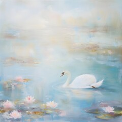 Elegant Swan Gliding Across Serene Pastel Lake with Delicate Water Lilies and Dreamlike Impressionistic Brushstrokes