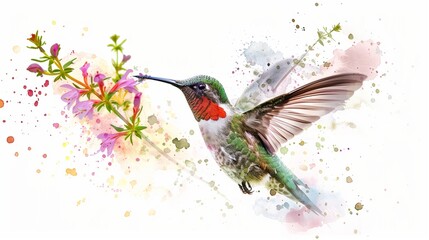 A detailed watercolor splash art of a hummingbird hovering over a flower, isolated on a pure white background, capturing the essence of pollination.