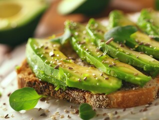 Naklejka premium Avocado Toast Egg Eggs Tomatoes Bread Breakfast Close-Up Food Dining Blurred Background Image
