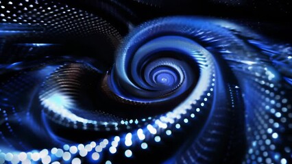 Mesmerizing vortex of glowing blue dots swirls dynamically against black background, creating an illusion of depth and motion. 