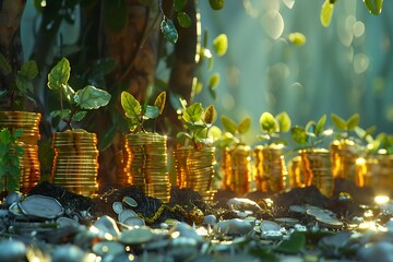 a series of gold coins stacked in ascending order on fertile soil, with each pile nurturing a green sapling with fresh leaves